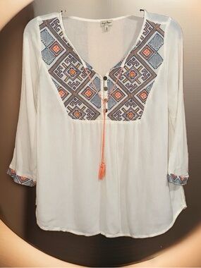 Chip & Pepper White Blouse with Blue and Orange Embroidered Yoke-XS-EC